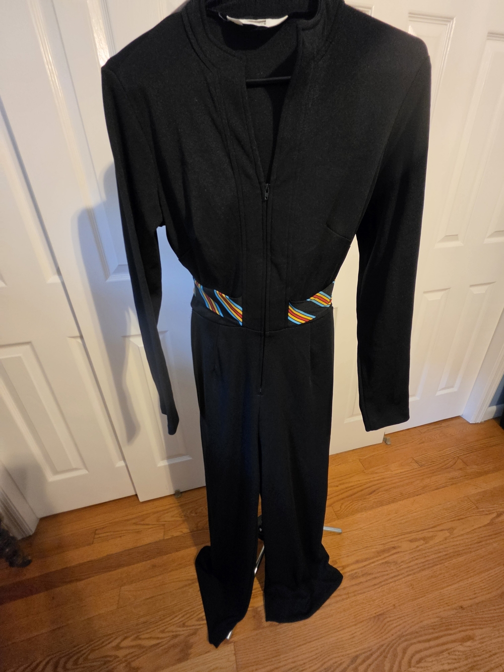 Vintage Black Women's Long-Sleeve Jumpsuit with Colorful Waist Accent
